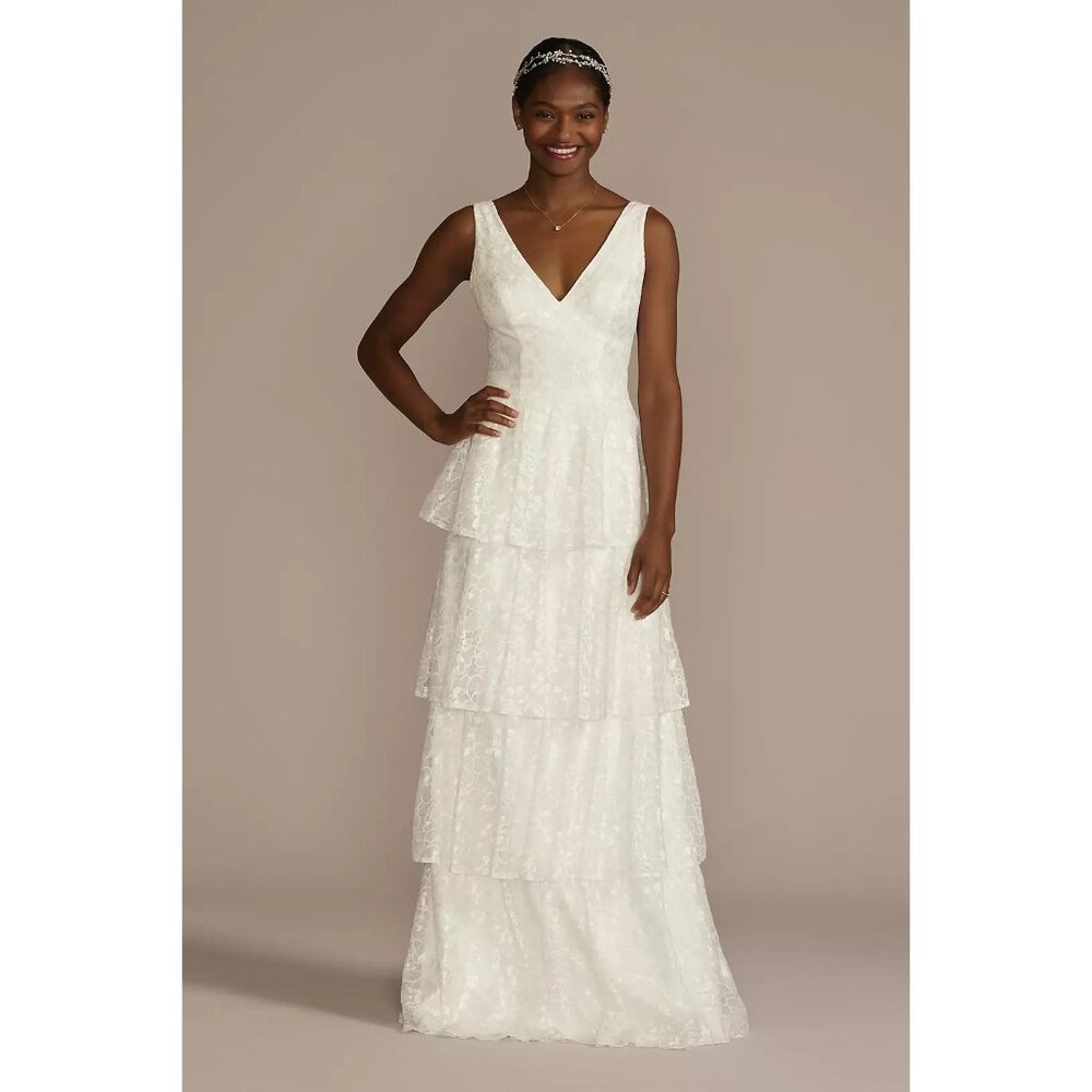 DB Studio Boho Floral Lace Sleeveless Tiered Wedding Gown Dress Whimsical Fairy